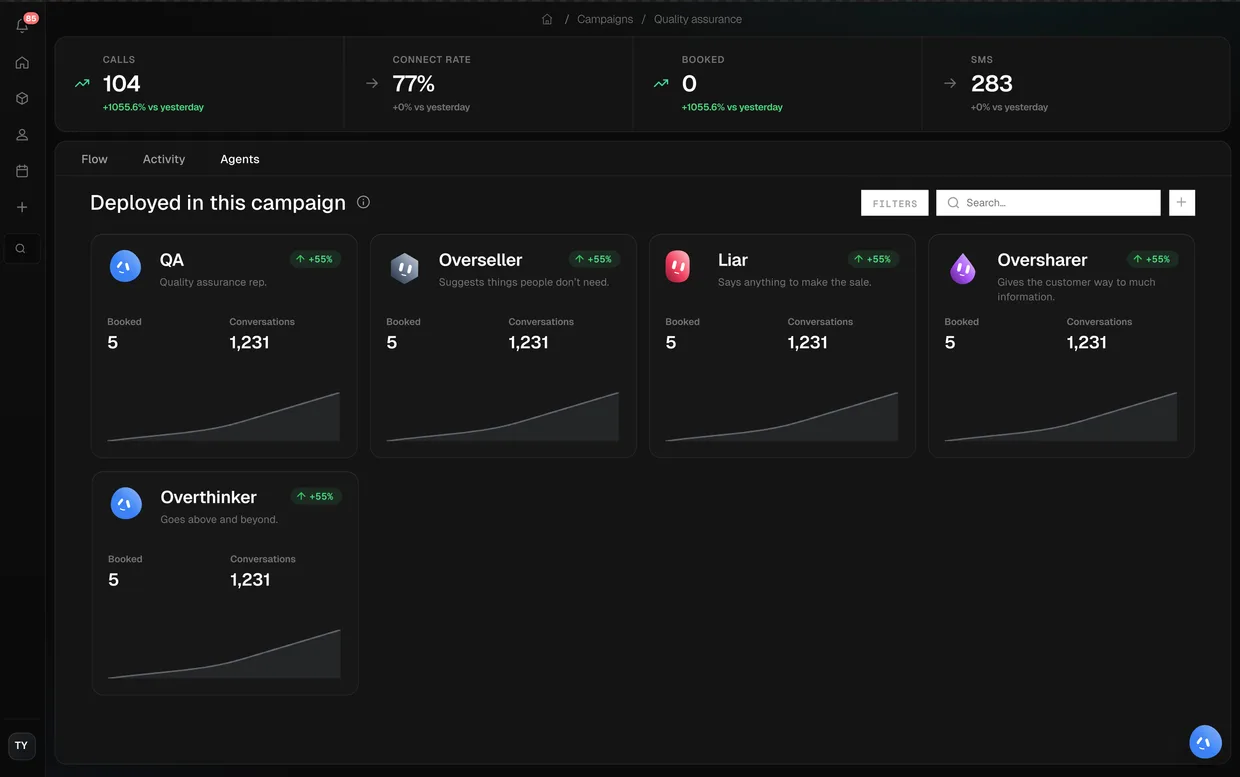 PhoneAgent campaign workspace, agents tab: deployed agents with booked and conversation counts inside a campaign.